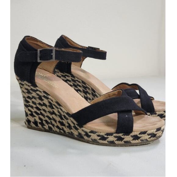 Toms Sandals Womens 9.5 Espadrilles Black & Tan Wedge Sandals Canvas 3.5 in Heel - Picture 1 of 10